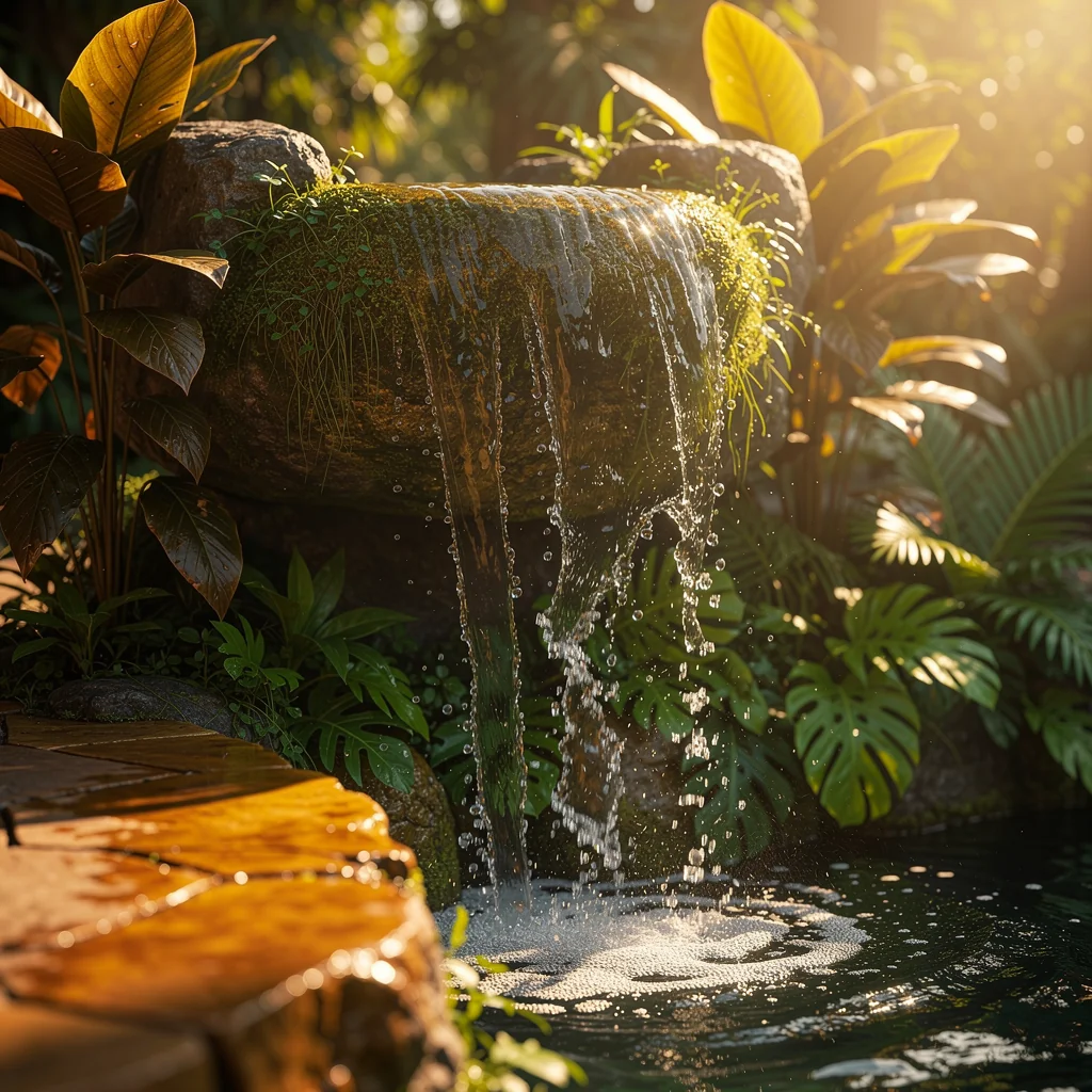 Cascading waterfall carving through dense temperate rainforest canopy