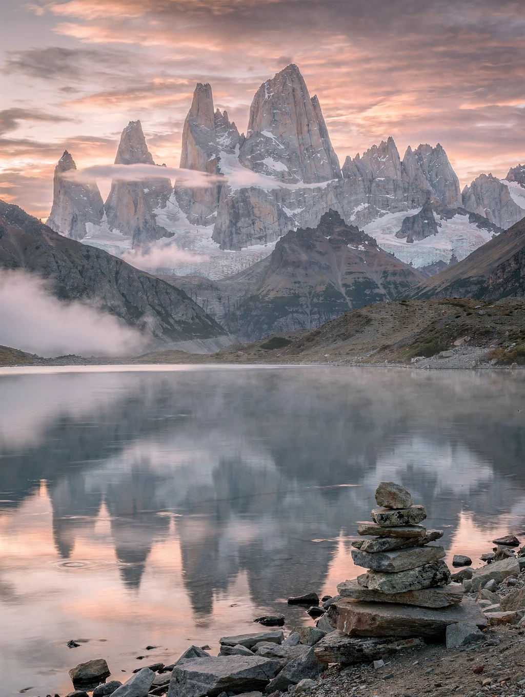 Mount Fitz Roy granite spires catching alpine dawn alpenglow