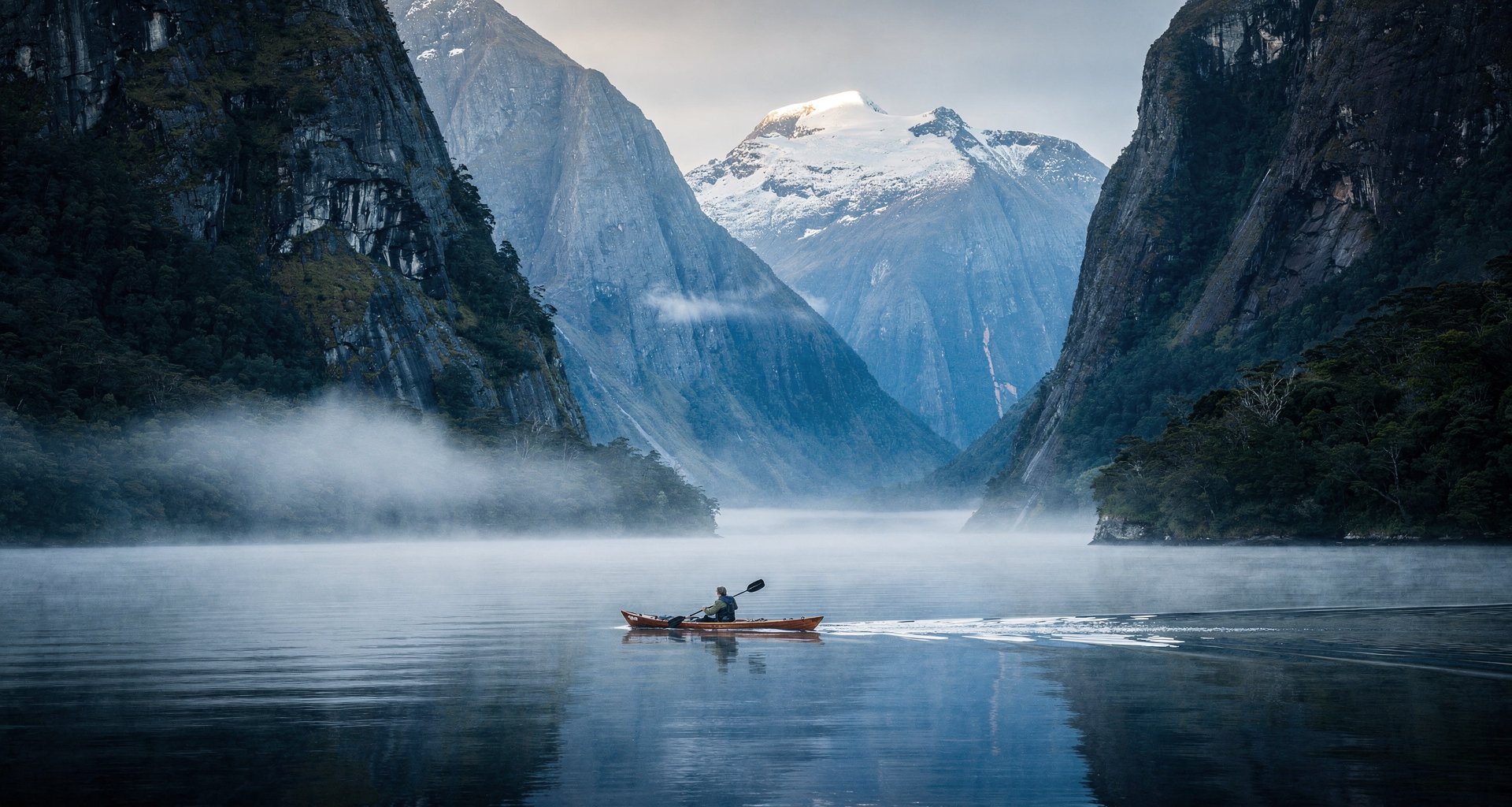 Milford Sound sea cliffs rising into morning mist and calm fiord waters